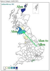 Alan surname distribution map 1881