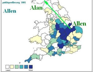 Allen surname distribution map 1881